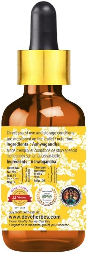 Deve Herbes Aceite de Ashwagandha puro con cuentagotas de vidrio 100% natural grado terapéutico, 100 ml