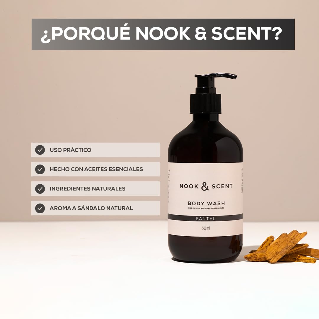 Body Wash Santal | 500 ml | Limpieza e Hidratación | Libre de Sulfatos y Parabenos, Vegano, Aceites esenciales, Aroma Amaderado y Sofisticado | Gel de Baño Nook & Scent