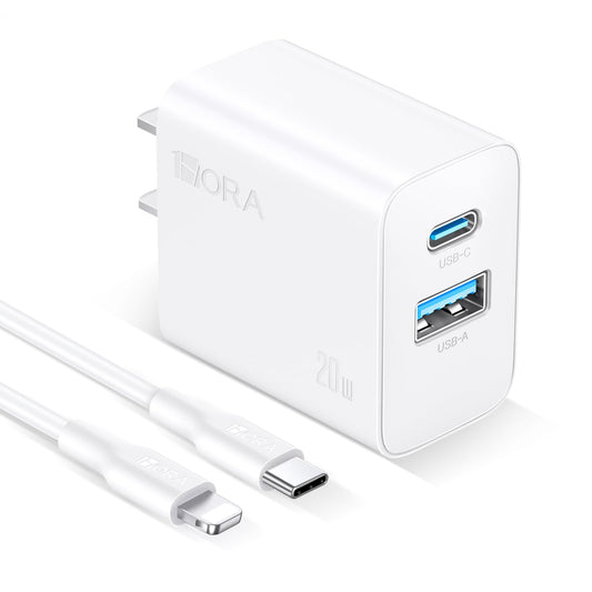 1 Hora Cargador para IP Carga Rápida 20W 2 en 1, Cargador Tipo C PD 20W + USB A QC 18W con Cable USB C a Lightning 1M 3A, Compatible con iP14/13/13 Pro MAX/12/11/X/XS