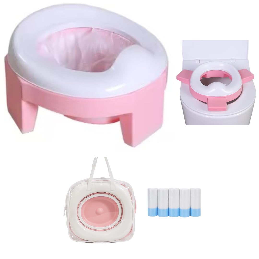 Baño Entrenador Niño 2 en 1 (Bacinica Portátil y Asiento de Inodoro). Para Potty Training. Plegable, Fácil y Seguro, Ideal para Casa, Viajes, Camping. Incluye: Maletita, 5 Rollos de Bolsas (Rosa)