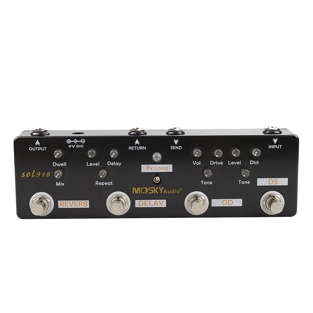 Pedal Multiefectos Moskyaudio Negro 5 en 1 con Distorsión, Sobremarcha, Reverberación y Retardo Sol 918