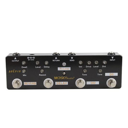 Pedal Multiefectos Moskyaudio Negro 5 en 1 con Distorsión, Sobremarcha, Reverberación y Retardo Sol 918