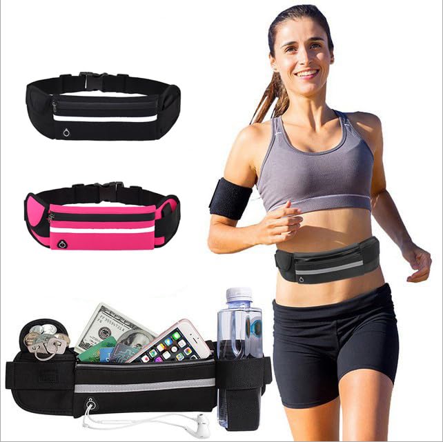 Cangurera para Correr 2 Piezas - Impermeable, Ajustable con Bandas Reflectantes - Bolsa Deportiva Unisex para Running/Hiking (Negro + Rosa)