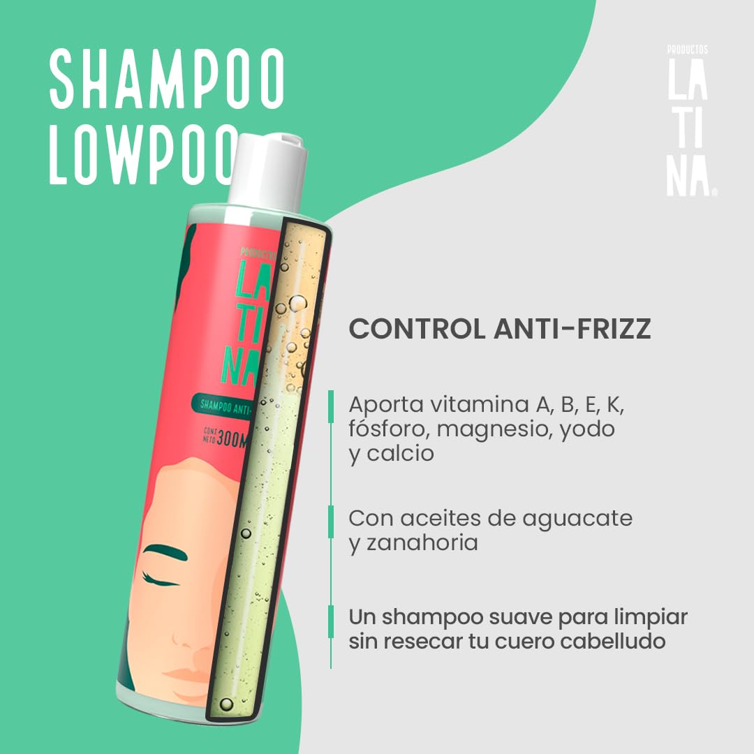 LATINA® | Shampoo Antifrizz - Sin Sulfatos y Parabenos - Anti Frizz Cabello | Belleza Mujer | Complementar con Tratamiento para Cabello Maltratado | 300ml