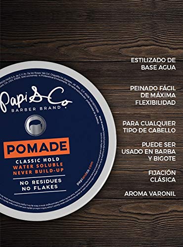 Papi & Co. Pomada Para Peinar y Estilizar 3 en 1 (Cabello, Barba y Bigote), Base Agua, Fijación Media-Alta, Clasic Hold Pomade - 4.0 Oz. -