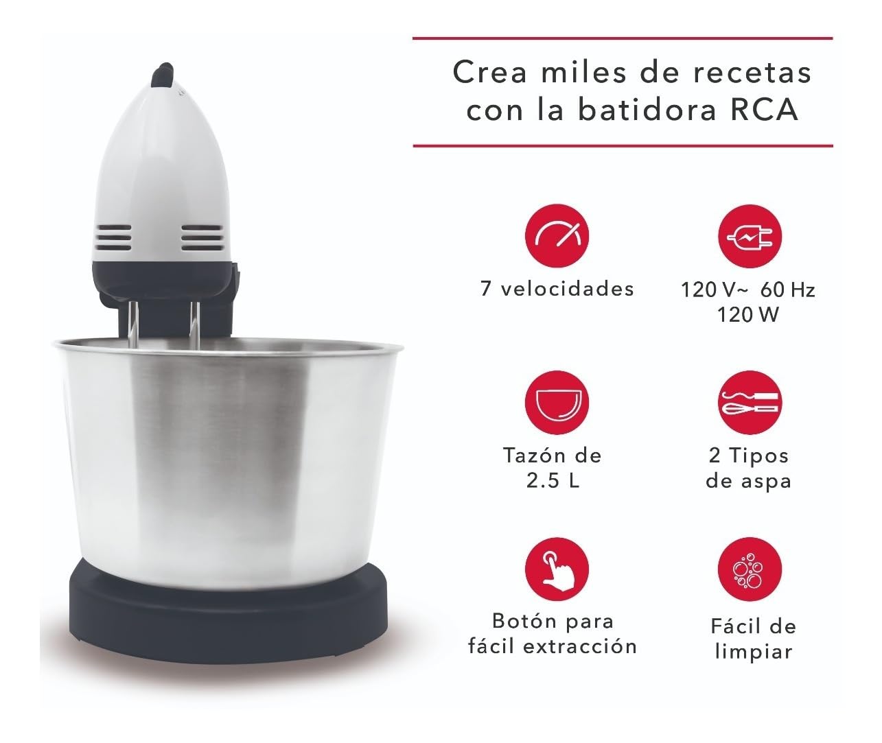 Batidora de Pedestal RCA Negro y Acero Inoxidable con 6 Velocidades Ajustables