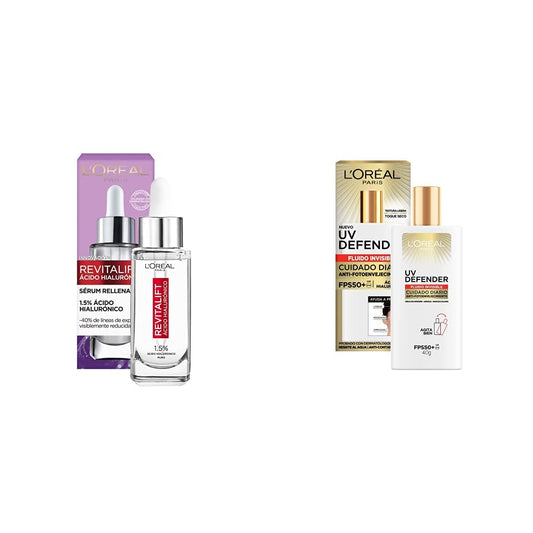 L'Oreal Paris Serum Facial Anti Arrugas Acido Hialuronico Revitalift + Uv Defender bloqueador solar Fluido Invisible FPS 50 +