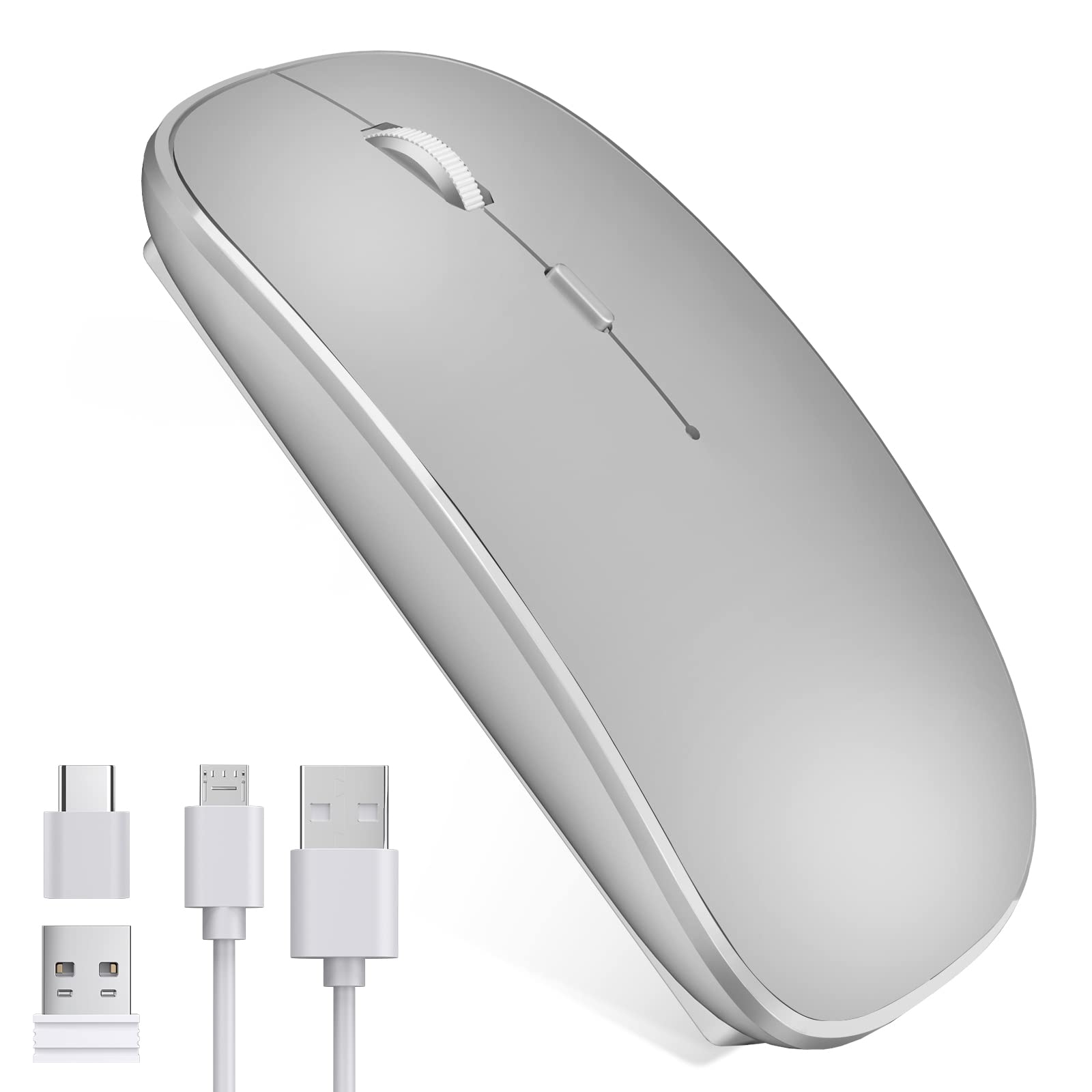 Leolee Mouse Inalámbrico, Ratón Inalámbrico Recargable, Mouse Wireless con 2.4G, óptico Silencioso Click, Receptor USB y Tipo-c Adaptador 3 Ajustable dpi para Computadora, Portátil, PC, Mac (Gris)