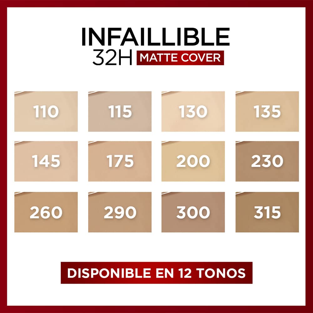 L'Oréal Paris, Infalible 24h Matte Cover base de maquillaje mate alta cobertura larga duración con skincare 4% Niacinamida, Anti-Imperfecciones, Tono 135 Vanilla, 30ml