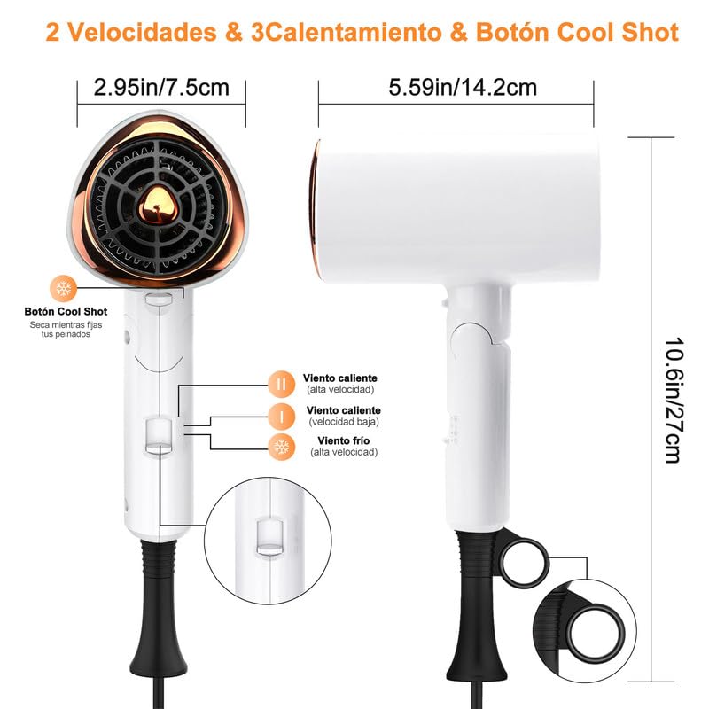 Secador de Pelo de Iónico Negativo Profesional, 1800W con 3 Temperatura Ajustable (Frío y Caliente), Secador de Soplado Plegable con Soplado y 1 Difusor para Hogar, Salón de Belleza, Viajes - Blanco