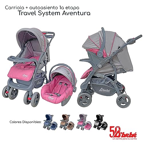 D´BEBÉ - Carriola Travel System Aventura - Carriola Multifuncional de Manubrio Reversible - Ideal para Bebés Recién Nacidos y hasta los 4 años - Incluye Portabebé - Color Rosa