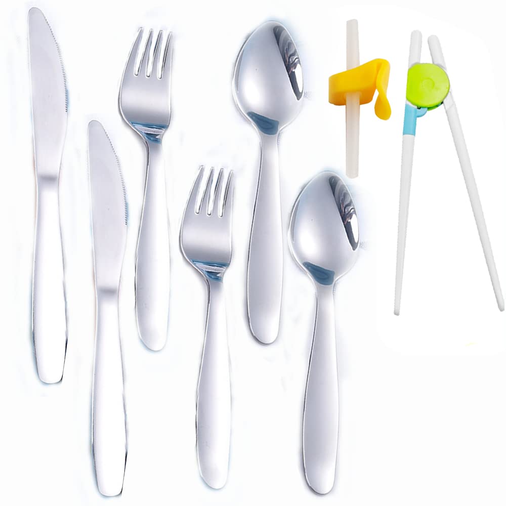 Enwinner Juego de cubiertos y cucharas para niños pequeños, cucharas de bebé, con pajitas para trazar palillos para niños (plata)