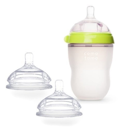 Comotomo Natural Feel Bundle - 2 Items: Green 8 oz Baby Bottle, Extra Pack Medium Flow Nipples by Comotomo