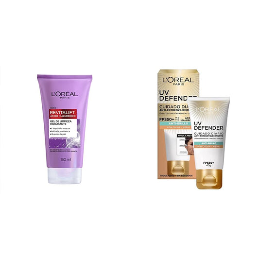 L'Oréal Paris Gel Limpiador Facial Revitalift Ácido Hialurónico, 150 ml + L'Oréal Paris Protector Solar Diario Anti-Brillo FPS50+ UV Defender Tono Medio, 40ml