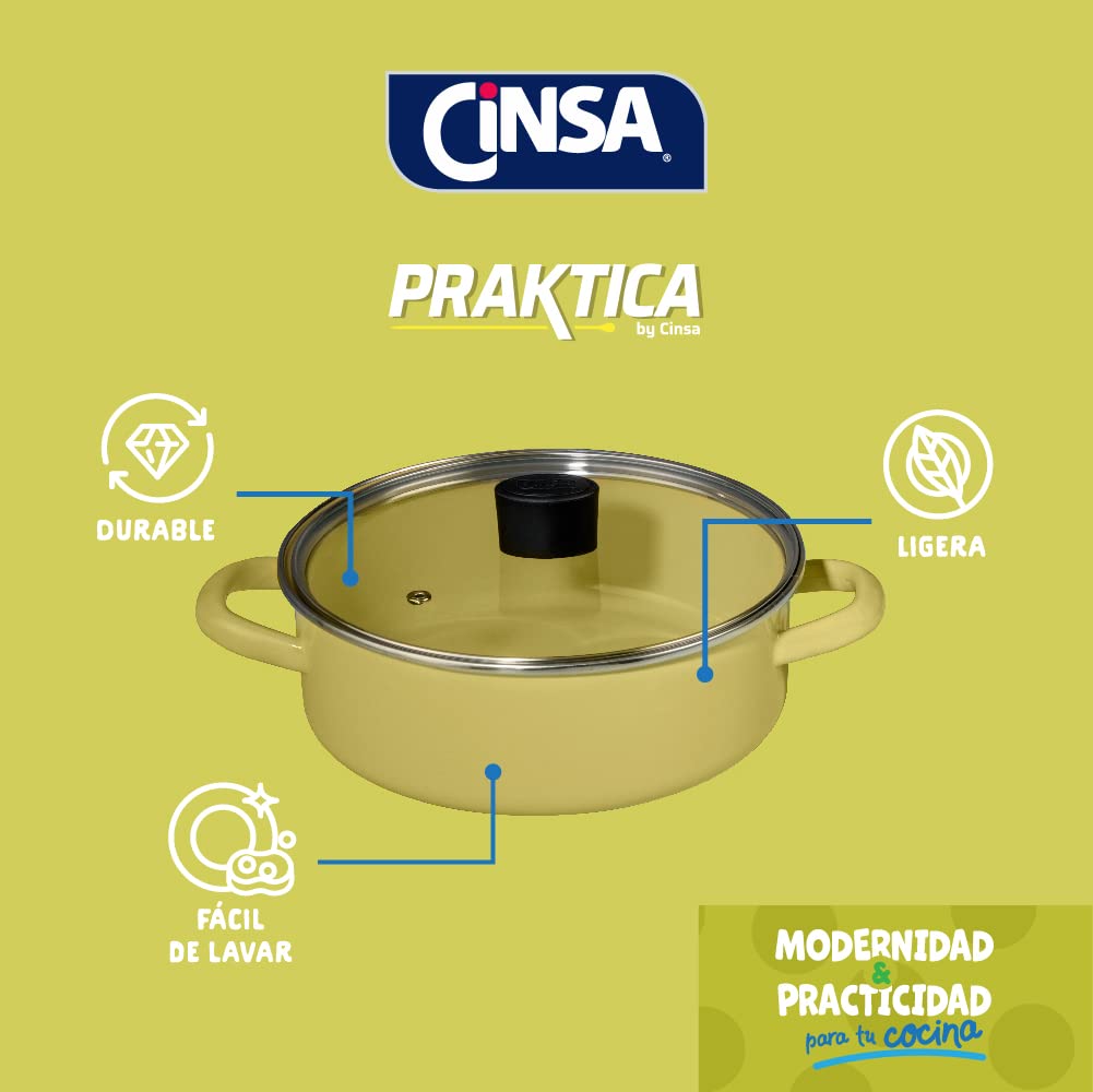 Cinsa Batería de cocina Praktica12 piezas, acero vitrificado con anillo inox, sartén aluminio con antiadherente, tapas planas de vidrio templado (Lima)