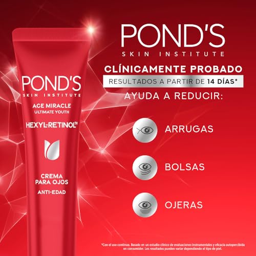 PONDS Crema para Ojos Age Miracle Ultimate Youth con Hexyl-Retinol para una piel más firme, luminosa y joven, ayuda a reducir arrugas, bolsas y ojeras 15 ml