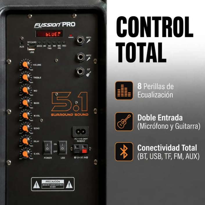 Bocina FUSSION ACUSTIC Azul 15 Pulgadas Recargable con Bluetooth y Luz LED Circular