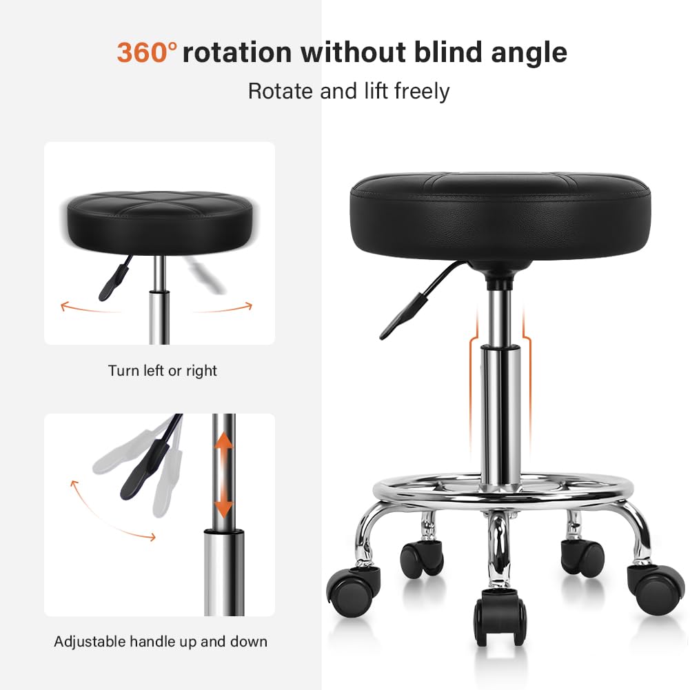 KKTONER Sillas giratorias de Piel sintética con Ruedas Taburetes giratorios Redondos de Altura Ajustable con reposapiés para SPA Masaje Tatuaje Salón Pequeño Negro