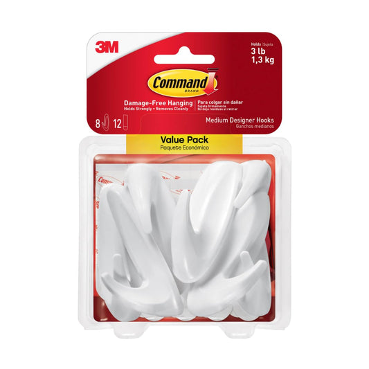 Command 3M Gancho Adhesivo sin dañar la superficie, Uso Interior, Mediano, Color Blanco, 8 piezas, Resiste hasta 1.3Kg.