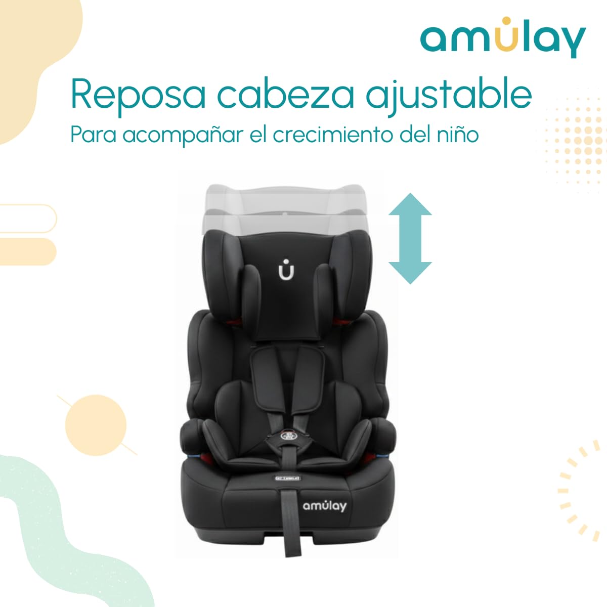 Amulay Autoasiento Booster ISOFIX Grupo 1-2-3, Convertible, Negro