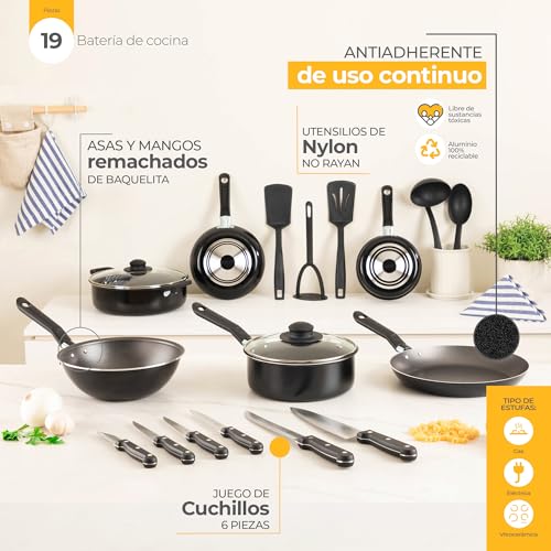 Batería de Cocina Ekco Negro con Antiadherente Serum 19 Piezas de Aluminio