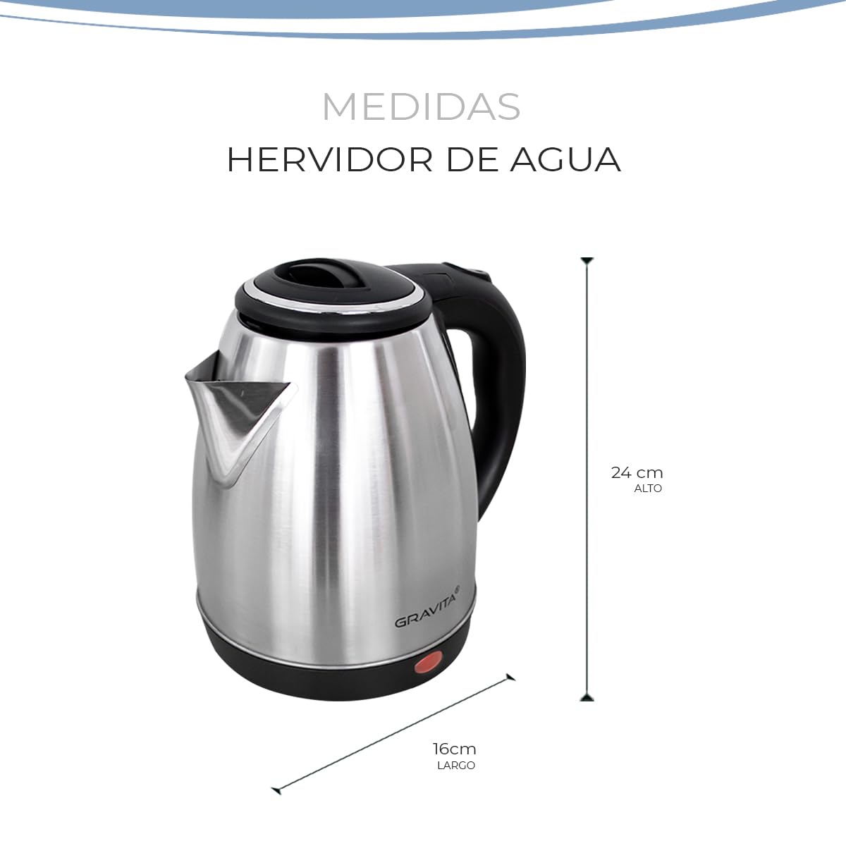 GRAVITA Cafetera Tetera Eléctrica Hervidor de Agua Capacidad 2 Litros, Cuerpo de Acero Inoxidable con Sistema de Ebullición Rápida, Apagado Automático, Potencia 900W.