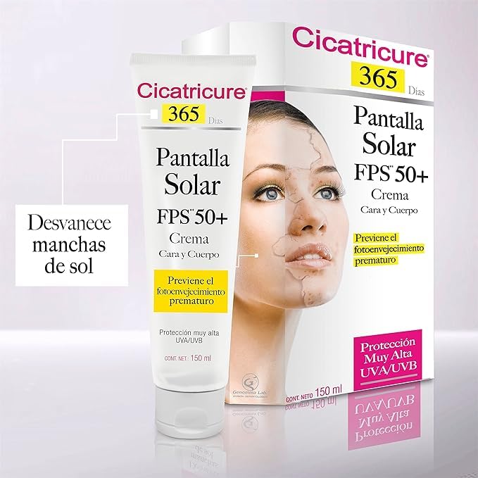 CICATRICURE - Protector Solar FPS 50 y Pantalla Solar. Crema con acción humectante e hidratante con protección UVA/UVB, para uso en cara y cuerpo, presentación con 125g