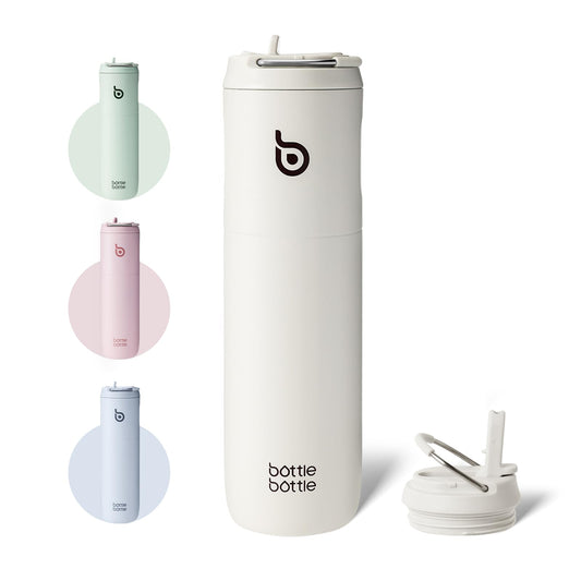 BOTTLE BOTTLE Botella de Agua Aislada de 24oz(700ml) con Popote Tapa y Asa para Deportes, Viajes, Botellas de Acero Inoxidable de Doble Pared, sin BPA(Gris Claro)