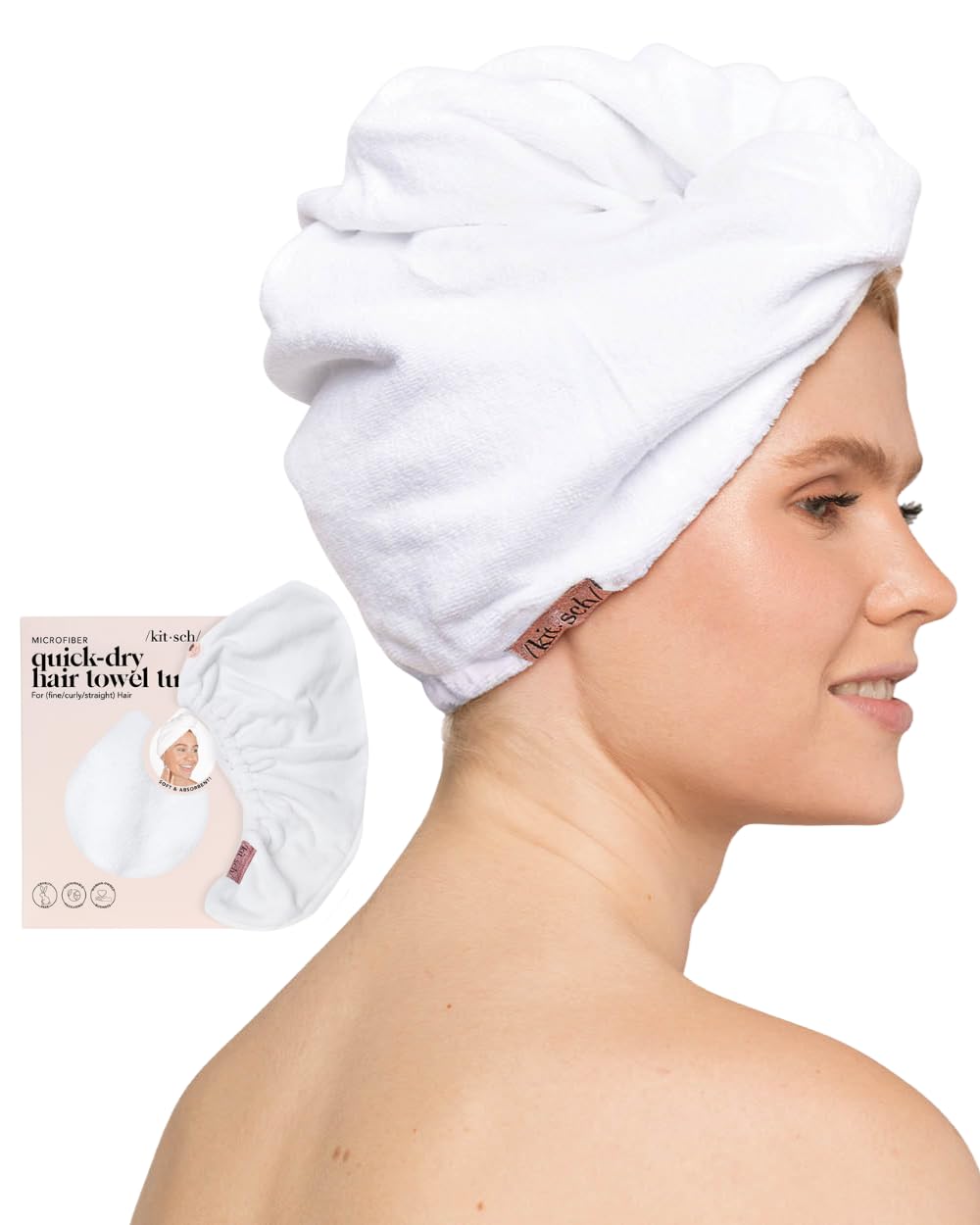 Kitsch Microfiber Hair Towel Wrap for Women- Hair Turban for Drying Wet Hair- Super Absorbent & Ultra Soft (White)
