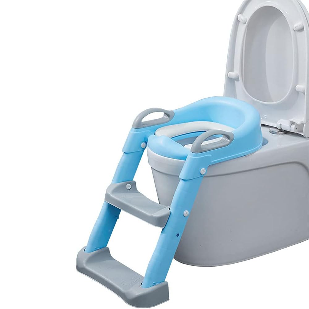 Jiula Asiento de Entrenamiento para Baño con Escalera Antideslizante - Asiento Entrenador para Baño Niño, Taburete Plegable Infantil para Taza, con Acolchonado, Asiento Ergonómico Azul, A, Cojín Duro