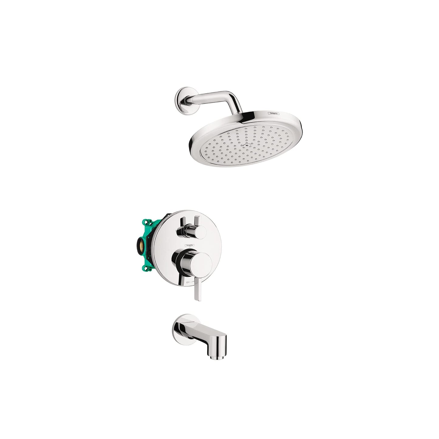 Hansgrohe Croma - Juego completo de ducha y tina con sistema de ducha moderno de 1 rezo de fácil control en cromo, áspero y válvula de ducha incluida 2 GPM, 04908000