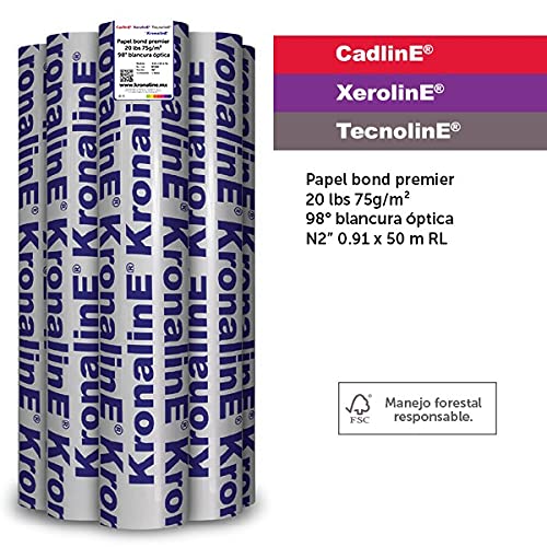 Papel Bond Premier Blancura Óptica 0.91x50m RL 20lbs 75g/m2 Paquete de 5 Rollos