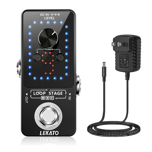 LEKATO Pedal de efecto de pedal de guitarra con función de sintonizador, bucles de pedal de bucle 9 bucles de 40 minutos de tiempo de grabación con cable USB y adaptador de fuente de alimentación de pedal de 9 V 0.6 A