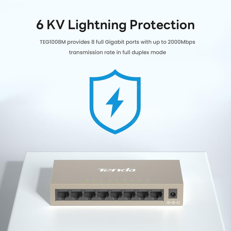 Tenda TEG1008M, Conmutador Gigabit de 8 Puertos, Conmutador Ethernet no gestionado con optimización de tráfico, Plug & Play, diseño metálico y sin Ventilador, protección Limitada de por Vida