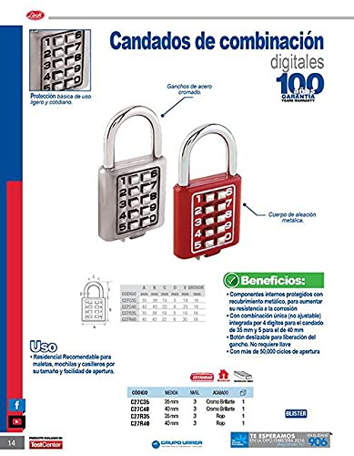 Lock C27C35 Candado de combinación, cromo brillante, 35 mm