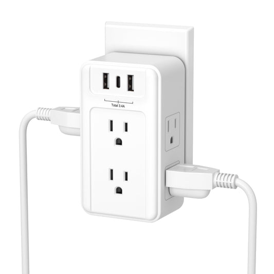 BN-LINK - Extensor de enchufe múltiple de 6 salidas de pared con 3 puertos de carga USB (1 USB C) Total 3.4A, divisor de 3 lados, enchufe de pared múltiple para hogar, oficina, recámara