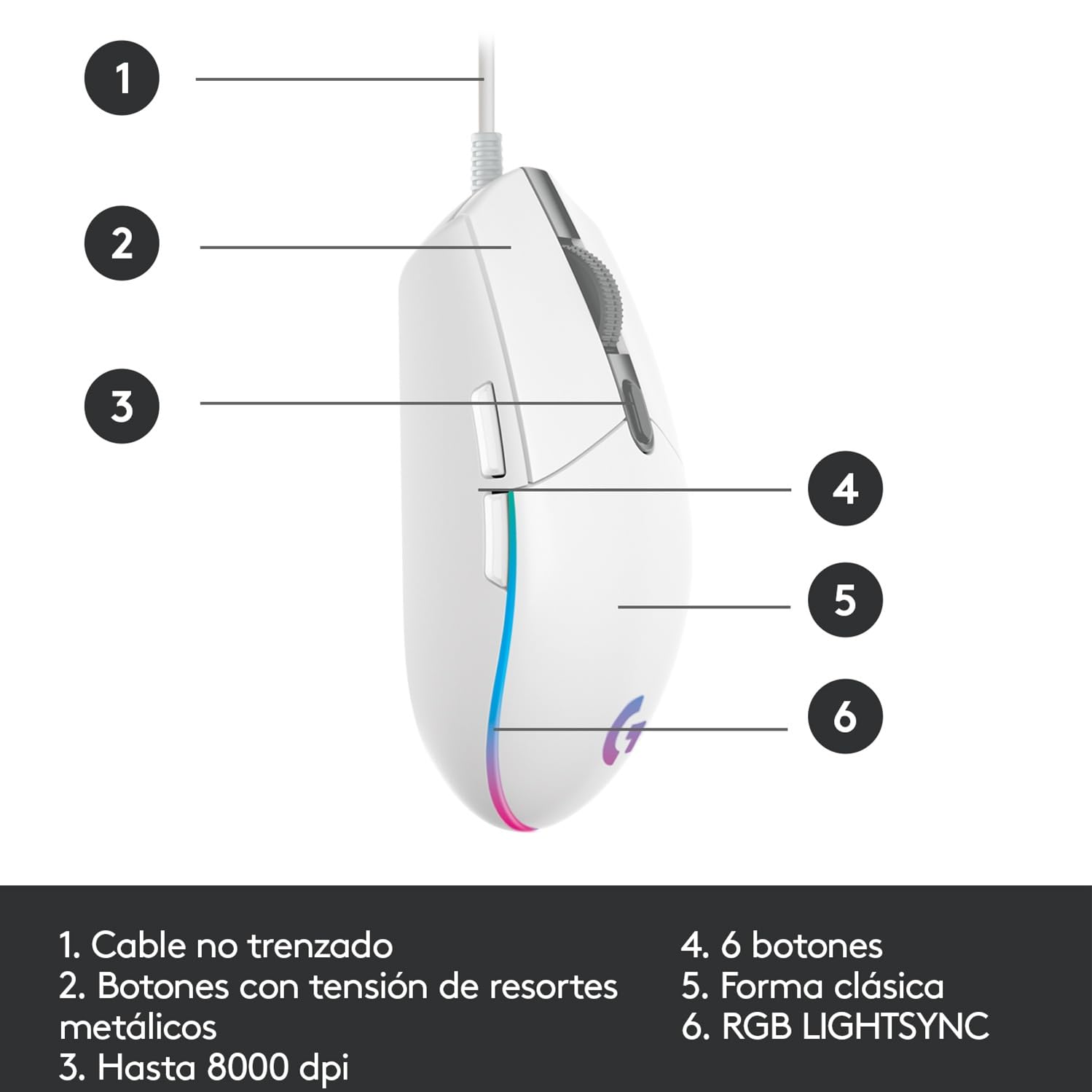 Logitech G203 LIGHTSYNC Mouse Gaming con Iluminación RGB Personalizable, 6 Botones Programables Seguimiento de hasta 8,000 DPI, Ultra-ligero - Blanco