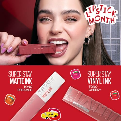 Labial líquido brillante Maybelline Super Stay Vinyl Ink Cheeky + Labial Liquido Matte Larga Duracion Superstay, Matte Ink 10 Dreamer, 5 g