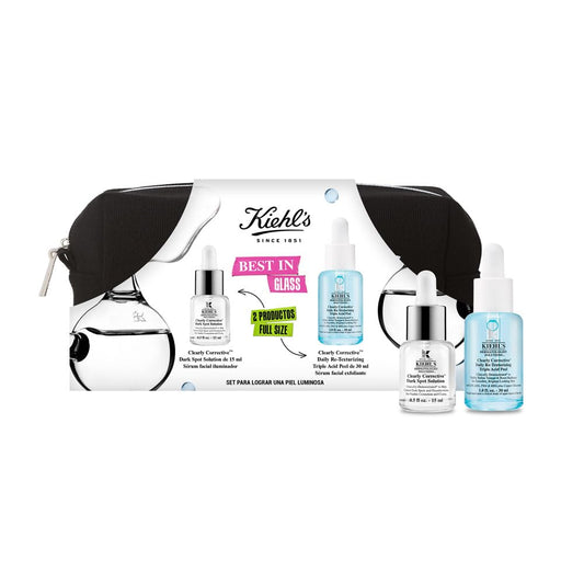 Kiehl's, Set Best in Glass, Set de Regalo, Clearly Corrective Daily Re-Texturizing Triple Acid Peel 30ml + Clearly Corrective Dark Spot Solution 15 ml, Un Dúo contra las Manchas Oscuras para Revelar una Piel Luminosa, 2 Piezas