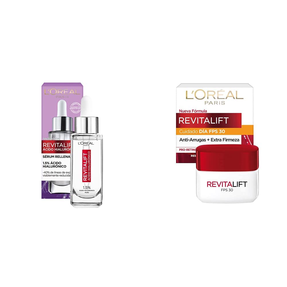 L'Oreal Paris Serum Facial Anti Arrugas Acido Hialuronico Revitalift L'Oreal Paris + L'Oreal Paris Crema Antiarrugas con Fps 30 Revitalift, 50 ml