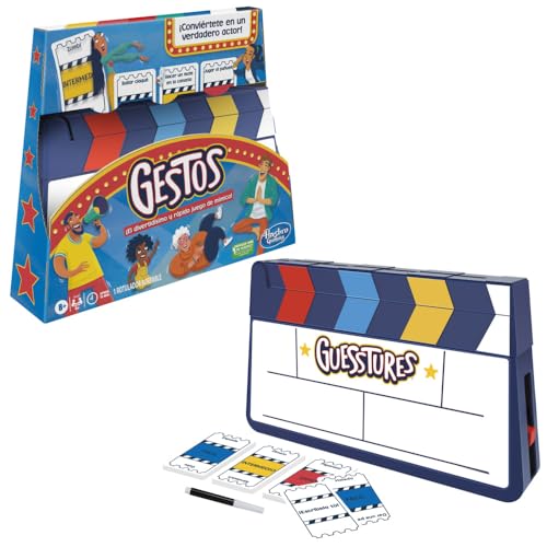 Hasbro Gaming Juego Gestos, él divertidísimo y rápido Juego de mímica, Juego de charadas para Fiestas Familiares para 4 o más Jugadores, Incluye claqueta y Tarjetas Personalizables.