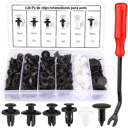 Grapas Automotrices Timotech Negras 120 Piezas con Clips Universales para Coche