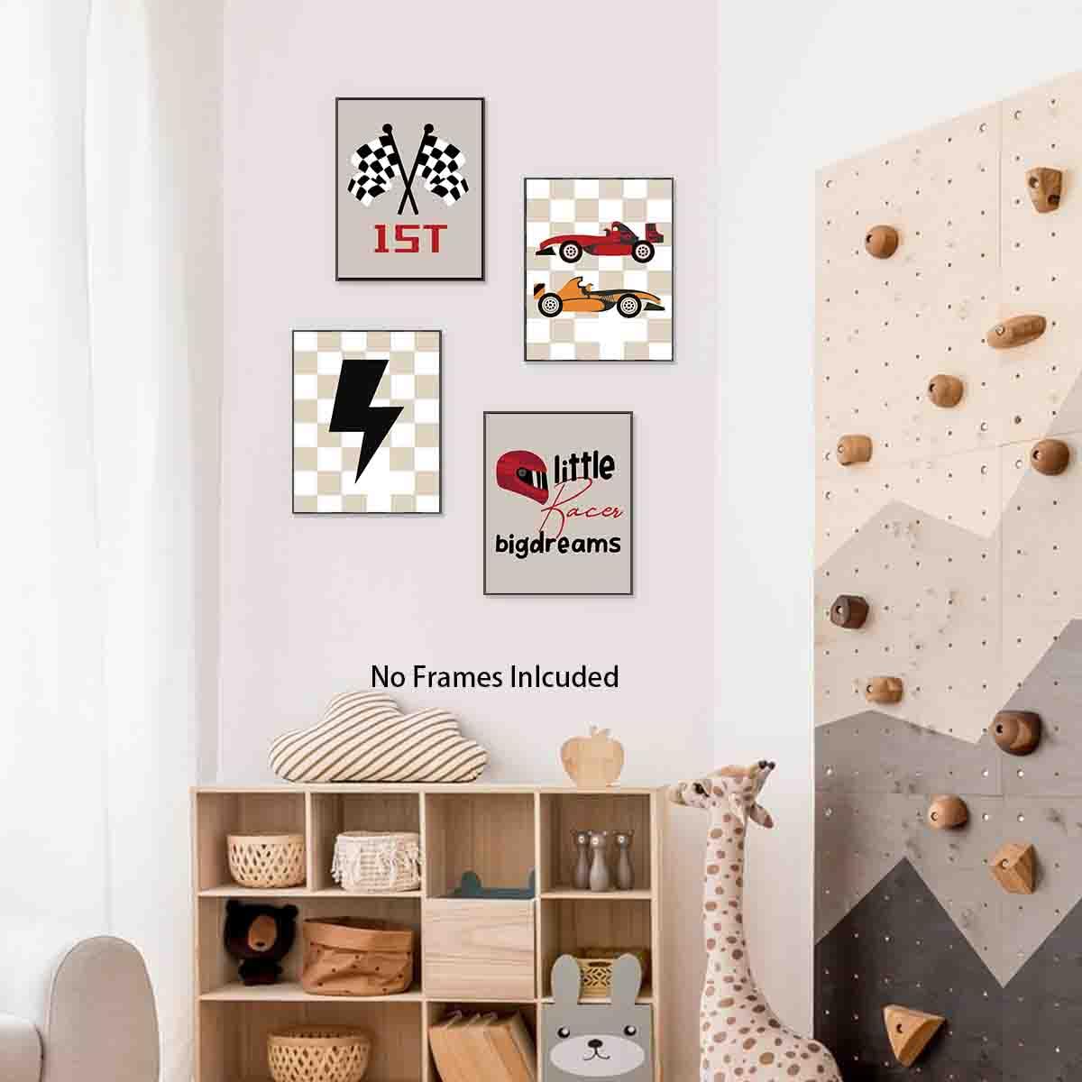 Buffalo Plaid Driving Force Race Car - Arte de pared para coche, motivos deportivos modernos, decoración inspiradora de la habitación de los niños, juego de 4 unidades Dream Big & Race Aheadapses (8 x
