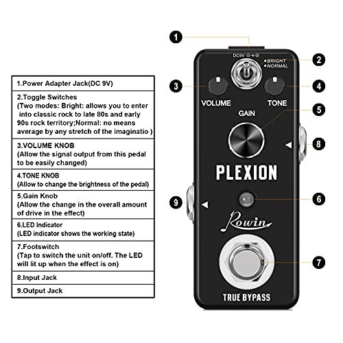 Pedal de Distorsión Rowin Plexion para Guitarra y Bajo Bright Normal True Bypass
