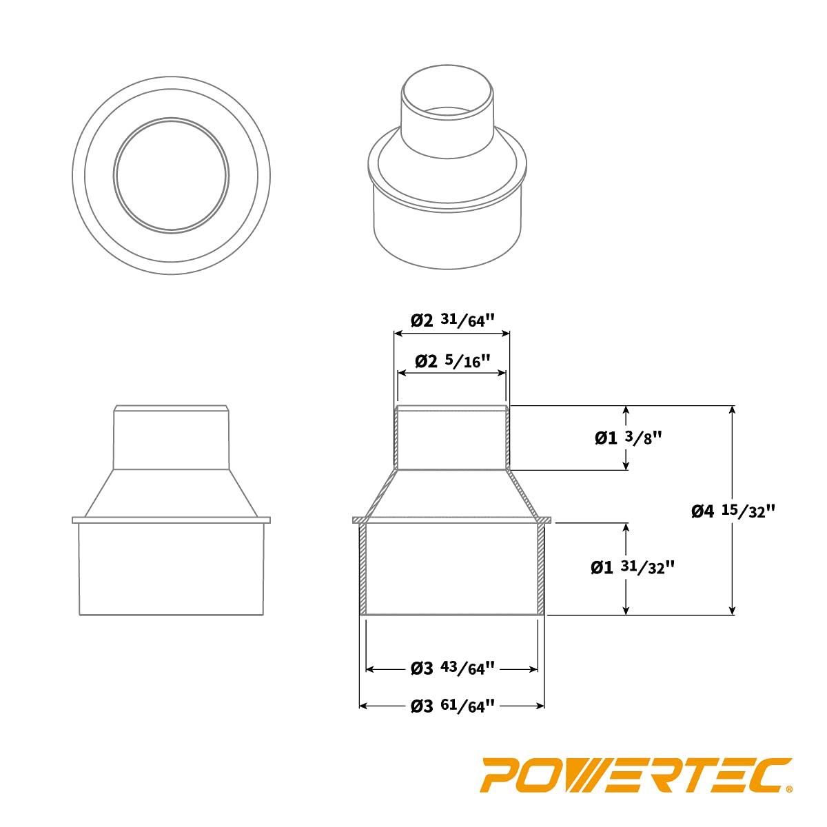 Cono Reductor POWERTEC Negro 4 Pulgadas a 2-1/2 Pulgadas