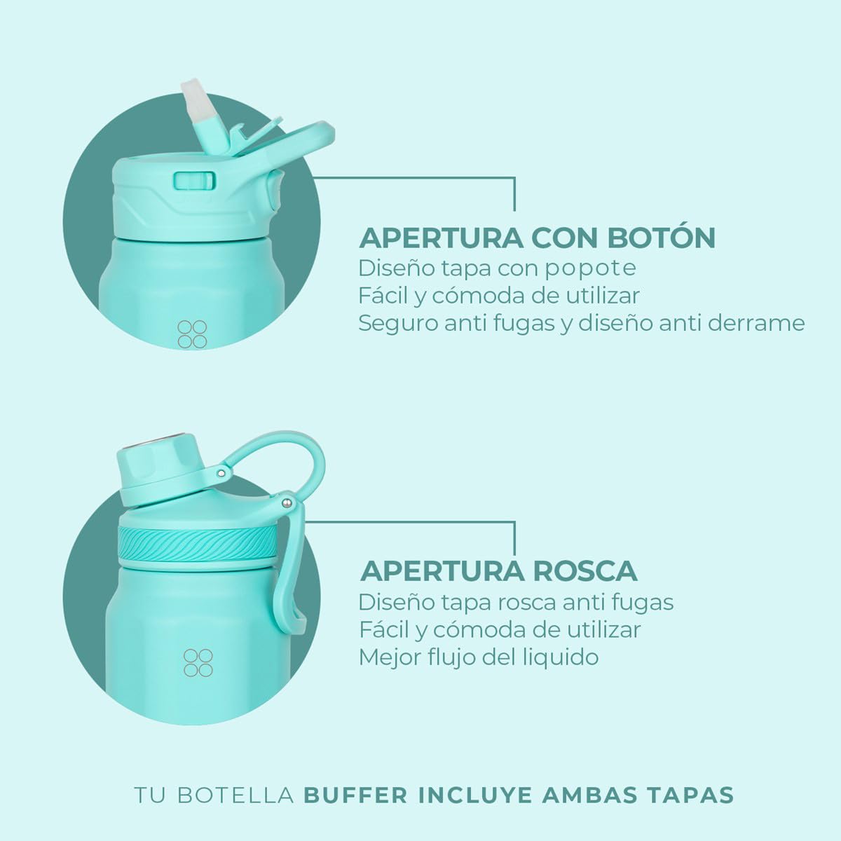 BUFFER FLASK - Termo de Acero Inoxidable | Botella Aislante para Bebidas, Agua Fría (24 horas) o Caliente (12 horas) | Antigoteo, Hermético| Incluye tapas (TURQUOISE, 700ml/24Oz)