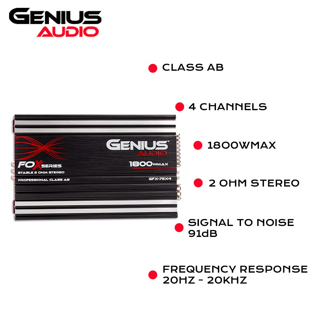 GENIUS- Amplificador de Audio Calase ab 4 Canales Fox GFX-75X4 / 1800 wmax. 75 wrms/estable a 2 ohms estereo/Car Audio, Open Show