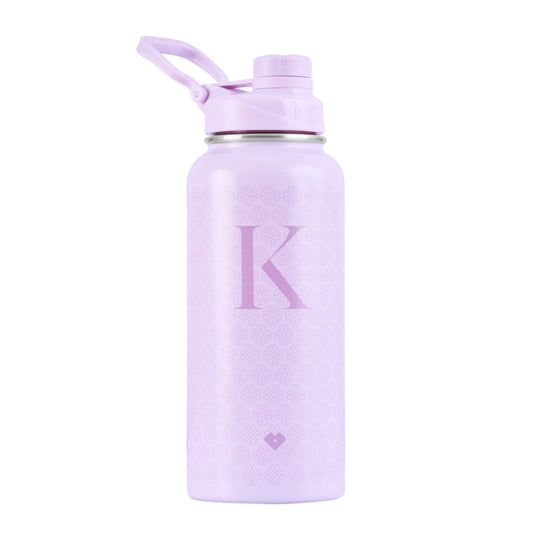 LuckyLy Termo de Acero Inoxidable con Iniciales 1 Litro, Doble Aislamiento Térmico y Tapa Hermética Antigoteo, Botella de Agua Motivacional ideal como Regalos para Mujer y Mamá – Modelo Terry, Letra K