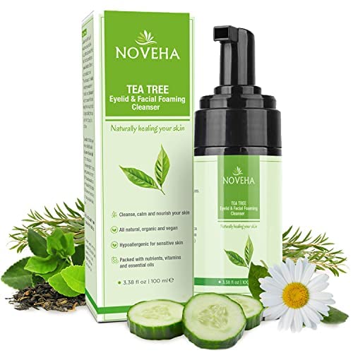 NOVEHA- Limpiador espumoso con aceite de árbol de té | Cuidado terapéutico diario de la piel para pestañas y párpados, MGD, irritaciones oculares,