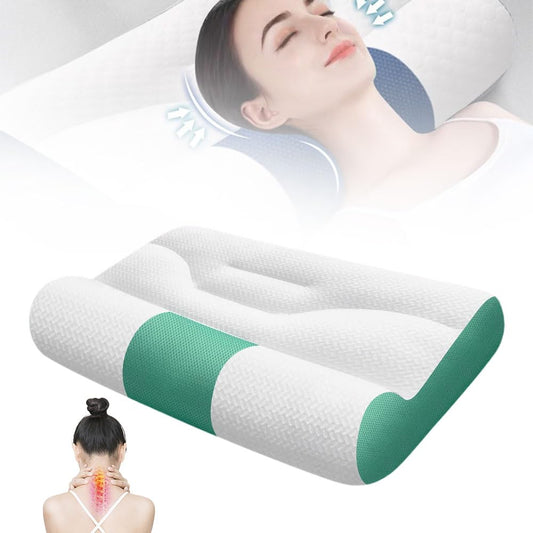 Genérico Almohada Cervical de Plumón de Ganso, Almohada de Apoyo Cervical Ergonómica para Mejorar el Sueño, 2 en 1 Que Alivia el Dolor de Cuello y Brinda Soporte Contorneado para Personas (Verde, M)